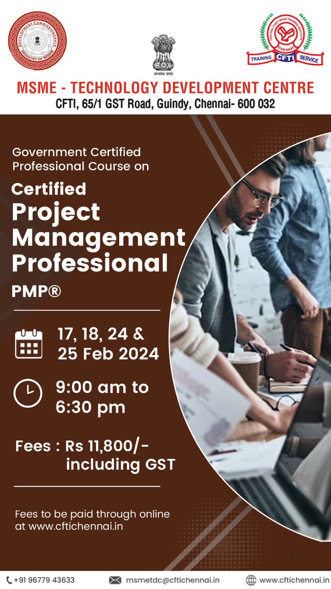 CFTI_Chennai's tweet image. Become A Government Certified Project Management Professional (PMP)

Date: 17, 18, 24, 25 Feb 2024
Time: 9:00 AM to 6:30 PM

For more details contact: +91 96779 43633

#ProjectManagement #PMP #ProjectManagementProfessional #MSME #MSMEChennai