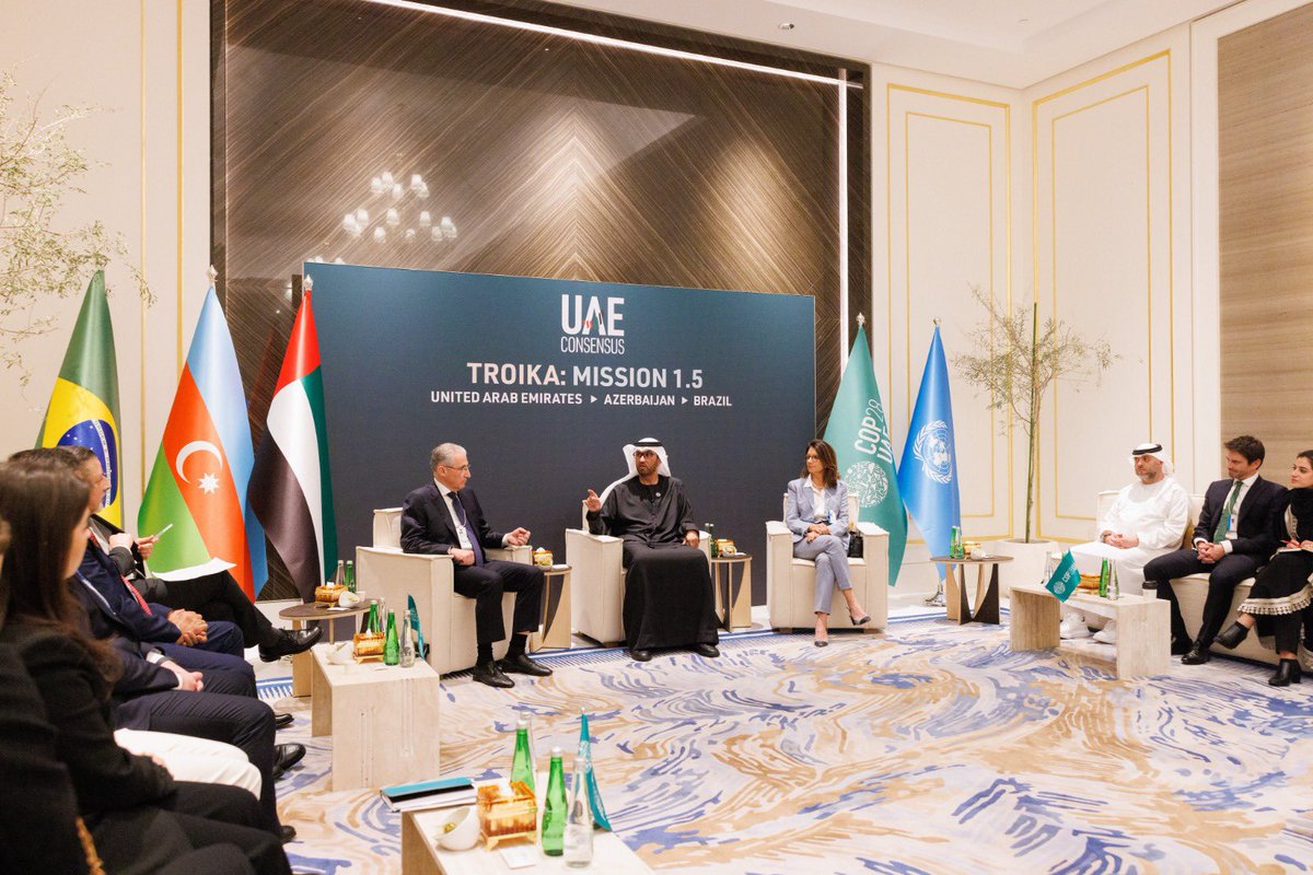 COP28_UAE's tweet photo. Just Announced: The COP Presidencies Troika is a key achievement of the COP28 Presidency mandated by the UAE Consensus, uniting COP28 with the next two COP Presidencies – Azerbaijan and Brazil – to drive ambitious collective climate action. 
#UAEConsensus #COP28 #COP29 #COP30 https://t.co/PFNxZ5YrmQ