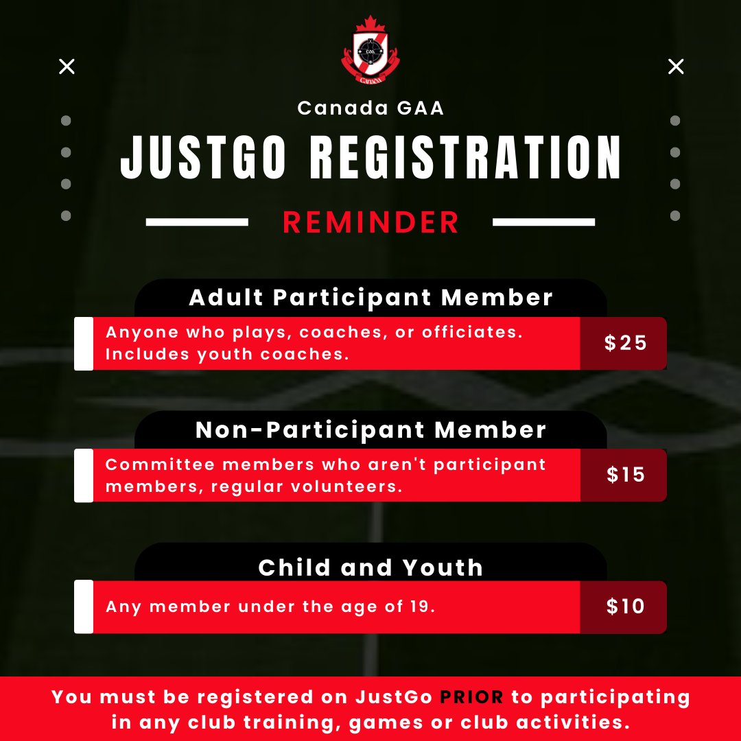canadagaa's tweet image. New registration and insurance coverage begins from January 1, 2024. You must be registered on JustGo PRIOR to participating in any club training, games or club activities. This is essential to ensure you are protected while you participate in Gaelic games.