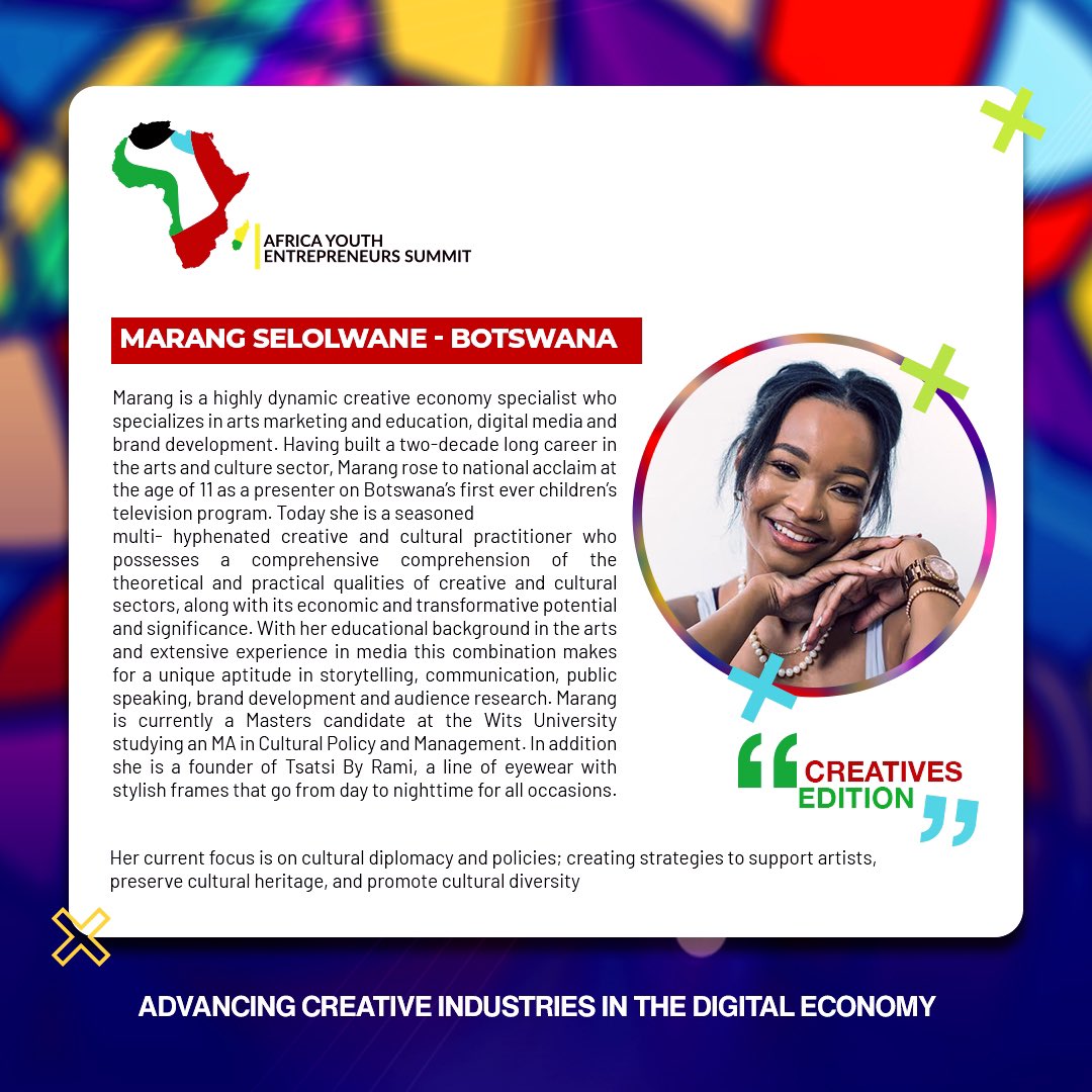 It is our absolute pleasure to introduce our very first panelist, Mrs Marang Selolwane. A visionary force in the world of creativity and entrepreneurship. With a relentless passion for innovation and a keen eye for opportunity……. 

Hope you have your seat secured! 
AYES 6.0!!!!