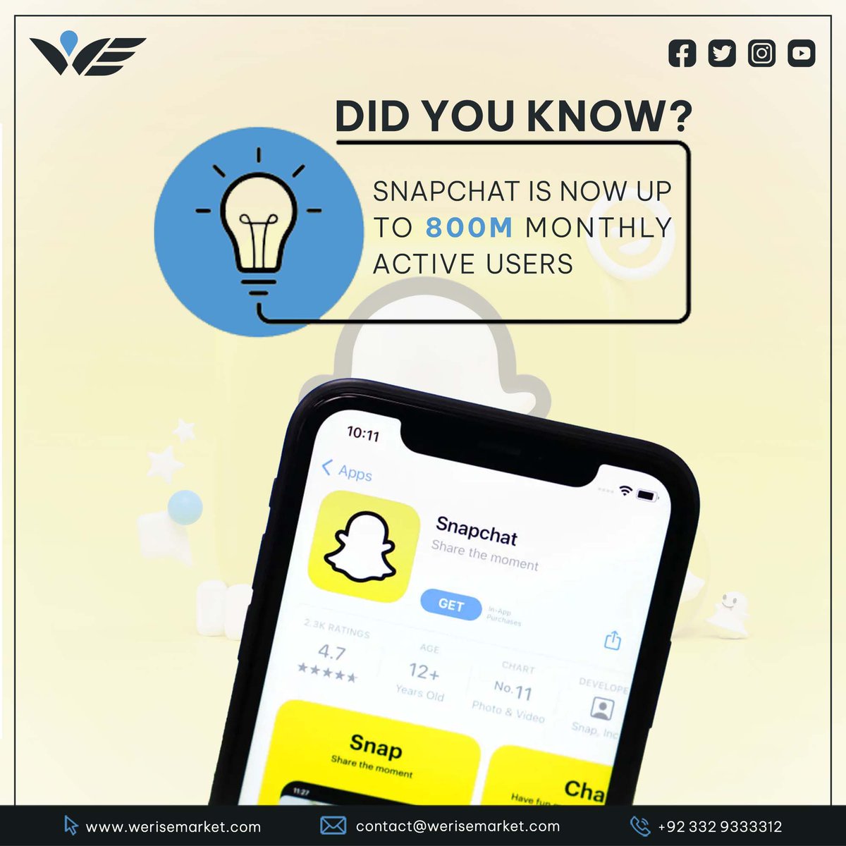 𝐒𝐨𝐜𝐢𝐚𝐥 𝐌𝐞𝐝𝐢𝐚 𝐍𝐞𝐰𝐬 𝐔𝐩𝐝𝐚𝐭𝐞: more than 𝟖𝟎𝟎𝐌 monthly active users of Snapchat means it is also a noteworthy platform to market your business. Is your business on Snapchat??? No...Contact us 0332 933 3312 #digitalmarketing #socialmediatoday #snapchatupdate