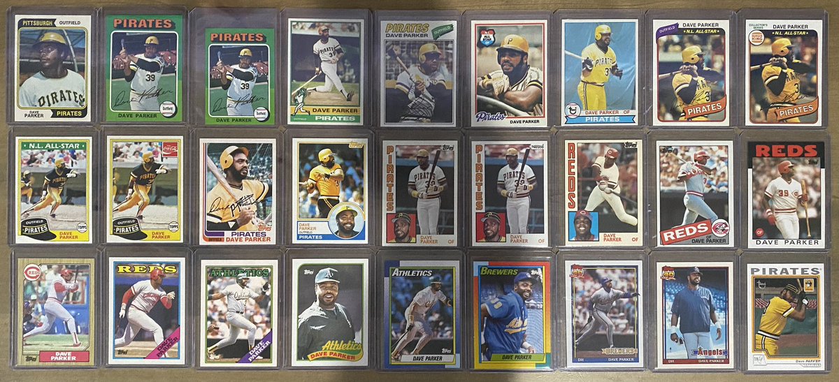 davidhaar's tweet photo. The Dave Parker Topps Career with some bonus 80s flagship “Food Issues” from Burger King, Coca-Cola &amp; Nestle. 
#TheHobby #ToppsCareer #DaveParker #Topps @Topps @JustinStirewalt  @DaveParker39fdn #TheCobra @BeisbolCardBlog @CardPurchaser https://t.co/IDmiH9JnMg