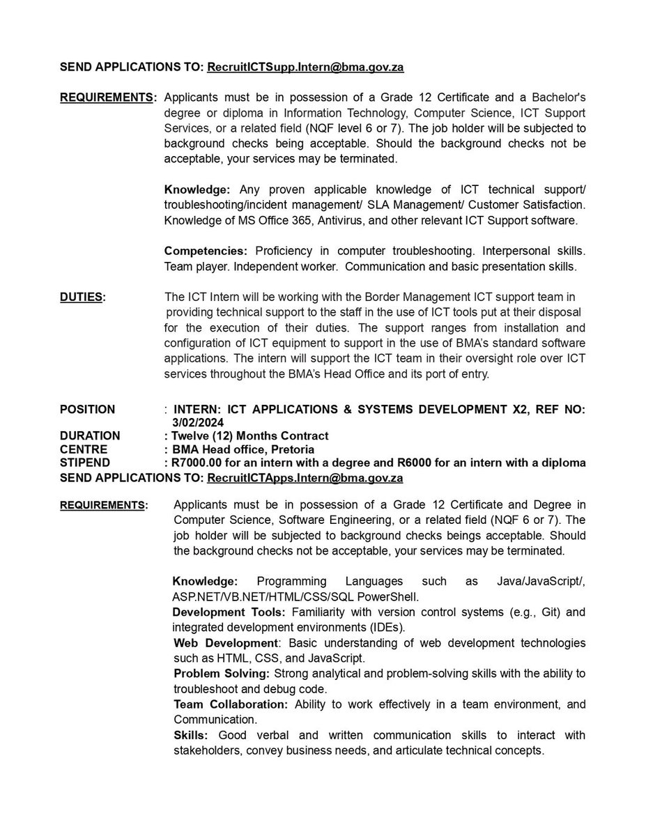 RMakukuli's tweet photo. Border Management Authority 

📌Intern: ICT Technical Support x2 
📌Intern: Digital Content Creator x1 
📌Intern: ICT Applications &amp; Systems Development x2 

Application form 
https://t.co/MXxBzgZB1e

Download the advert in PDF
https://t.co/FZEGPdcvH5 https://t.co/UKh9oKWAjV