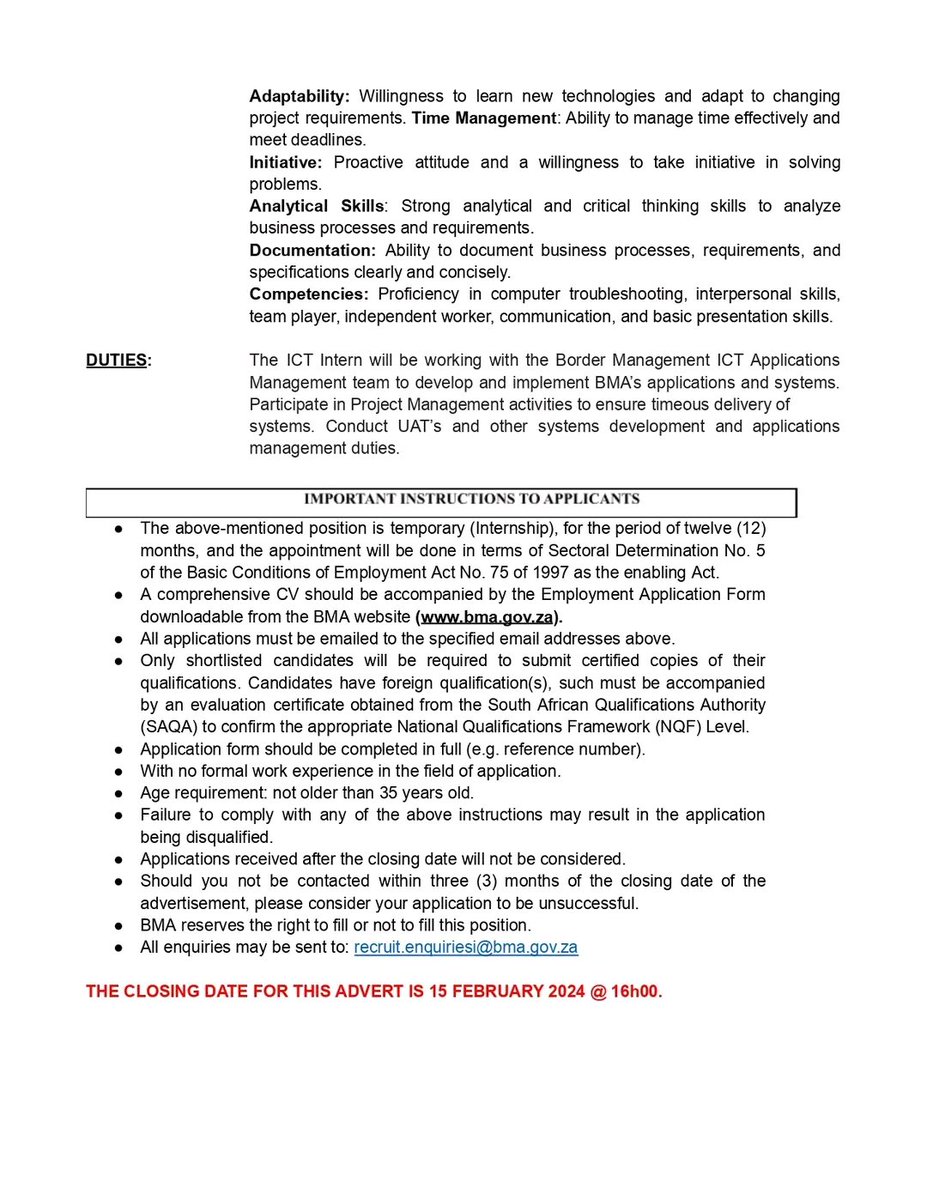 RMakukuli's tweet photo. Border Management Authority 

📌Intern: ICT Technical Support x2 
📌Intern: Digital Content Creator x1 
📌Intern: ICT Applications &amp; Systems Development x2 

Application form 
https://t.co/MXxBzgZB1e

Download the advert in PDF
https://t.co/FZEGPdcvH5 https://t.co/UKh9oKWAjV