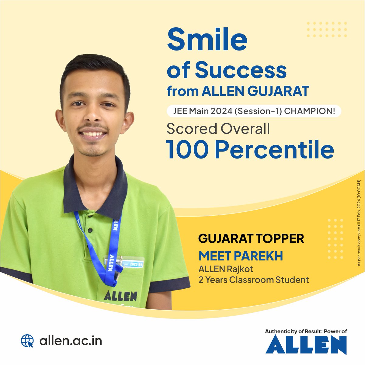 ✌️Success Engineered, Smiles Delivered.
⭐2 years classroom student from ALLEN Rajkot - Meet Parekh scored overall 100 percentile in JEE Main 2024 (Session-1).
🎊Congratulations for the sweeping success in JEE Main!

 #GujaratTopper #JEEMainTopper #SmileOfSuccess  #ALLENGujarat