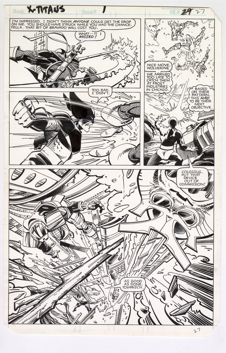 X-Men/Teen Titans page 27. Pen and India ink with inks by Terry Austin over my pencils. 11.0 x 17.2. 1982. Stuff like this is what you find when you're packing for a move. Well, in my house, anyway. :-)