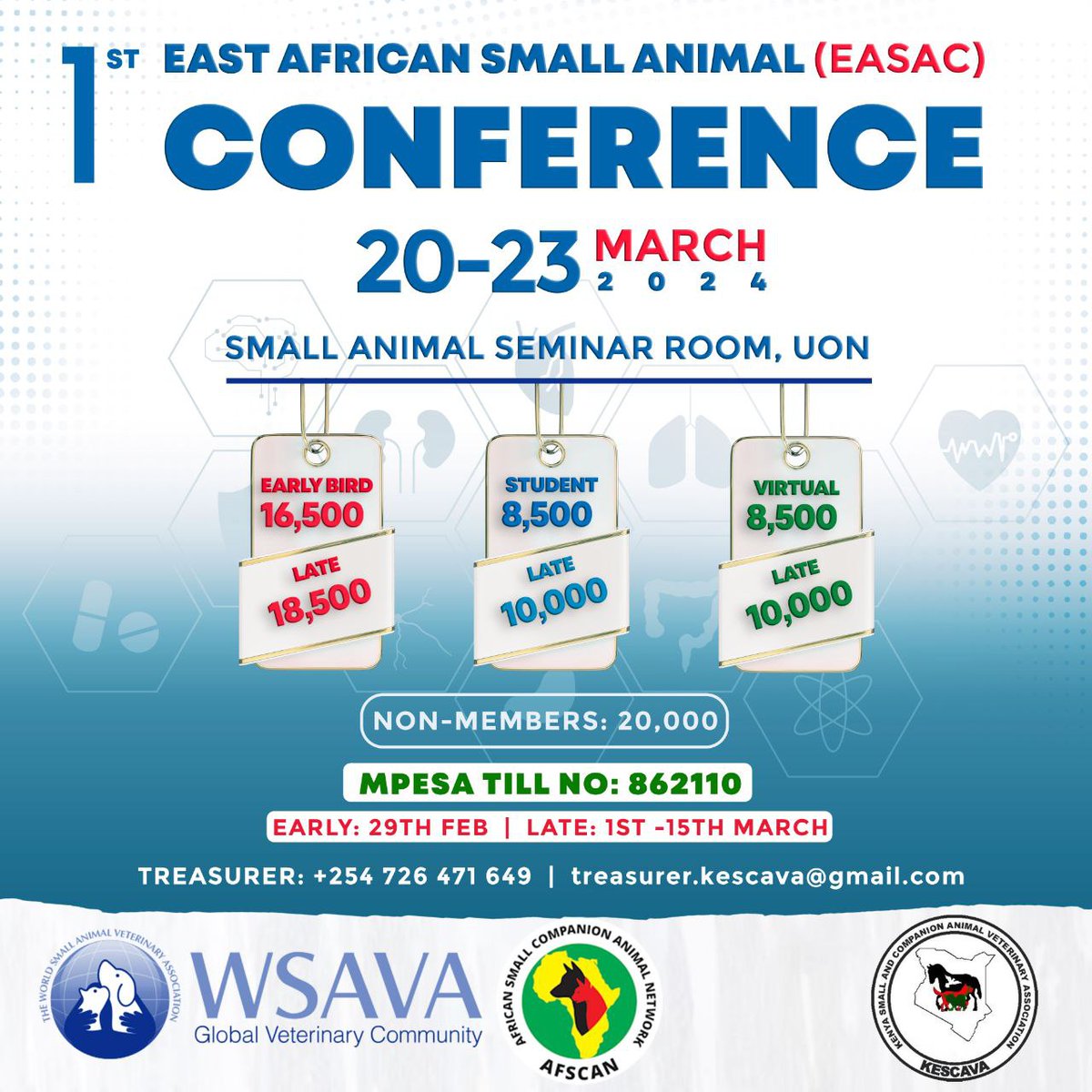 The 1st East African Small Animal Conference is just around the corner ➡️March 20th-23rd, 2024.

Secure your spot TODAY: 

📞Hit up the treasurer at +254 471 649
or
📩 Shoot an email to treasurer.kescava@gmail.com.

Don't let this opportunity slip away.

#EASAC_Conference