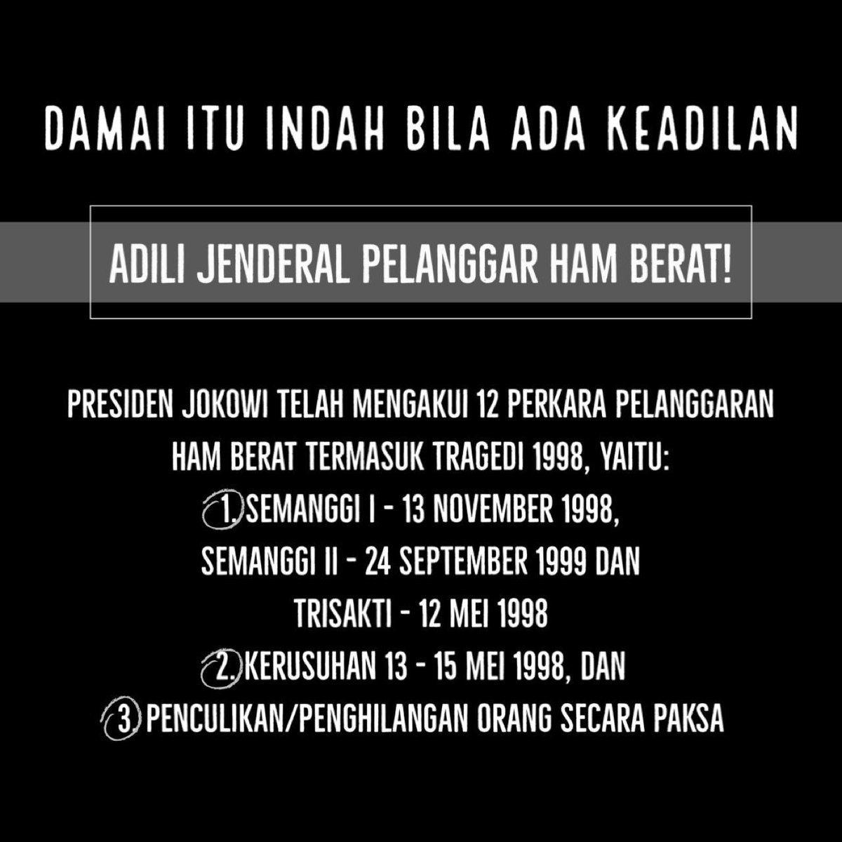 Setelah Negara mengakui terjadinya pelanggaran HAM berat maka korban/keluarga korban tinggal menunggu keberanian Presiden u/ mempertanggungjawabkan Tragedi Kemanusiaan pada th. 1998 di Pengadilan HAM ad hoc.
<a href="/dipanggilwawan/">#SayaWawan | BR Norma Irmawan</a> korban Semanggi I -13 November 1998