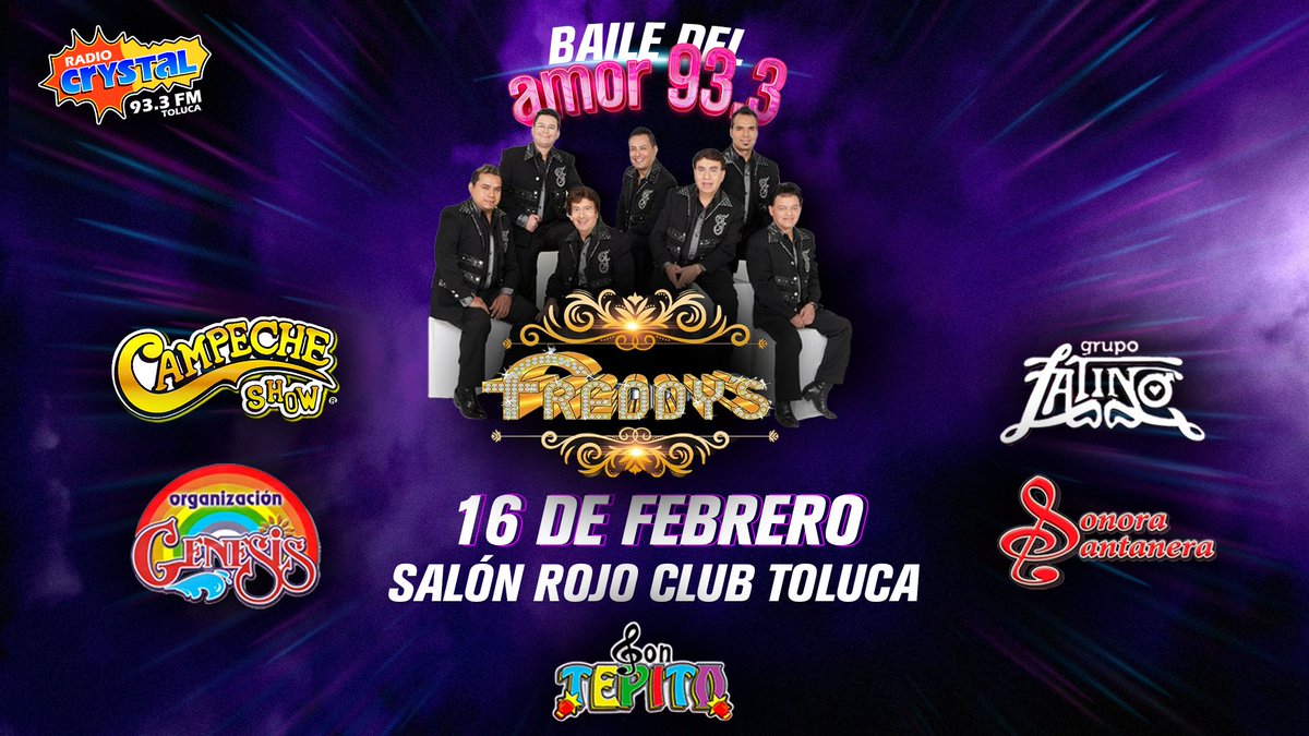 RadioCrystalMx's tweet photo. El viernes 16 de febrero tienes una cita en el Salón Rojo Club Toluca 😎 para disfrutar al máximo el baile del amor 93.3 FM 💕 💕

- Los Freddys 
- El Grupo Latino 
- Organización Genesis 
- Campeche Show 
- Santanera
- Son Tepito 

#RadioCrystal  #LosFreddys #GrupoLatino 🤠 🤠 https://t.co/7bhe70aqnr