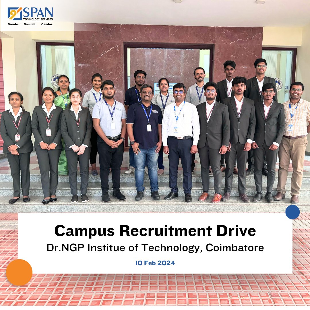 SpanTechnology's tweet image. An exclusive preview of our team with young talents who stood out during a campus recruitment drive at Dr.NGP Institute of Technology. 
#SPANTechnologyServices #spantech #recruitmentdrive #campusplacements #Productdevelopmentcompany  #Hiring2024 #SAAS #NGP #ngpitech