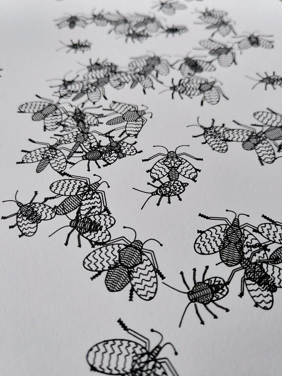 #plotparty Day 2 - Bugs. Adapted a program from a couple of years ago to apply the hidden line removal function. #nodebox #plottertwitter #penplotart #plotterart #penplotter #plotter #generative #genart #machinedrawing #axidraw #rotring