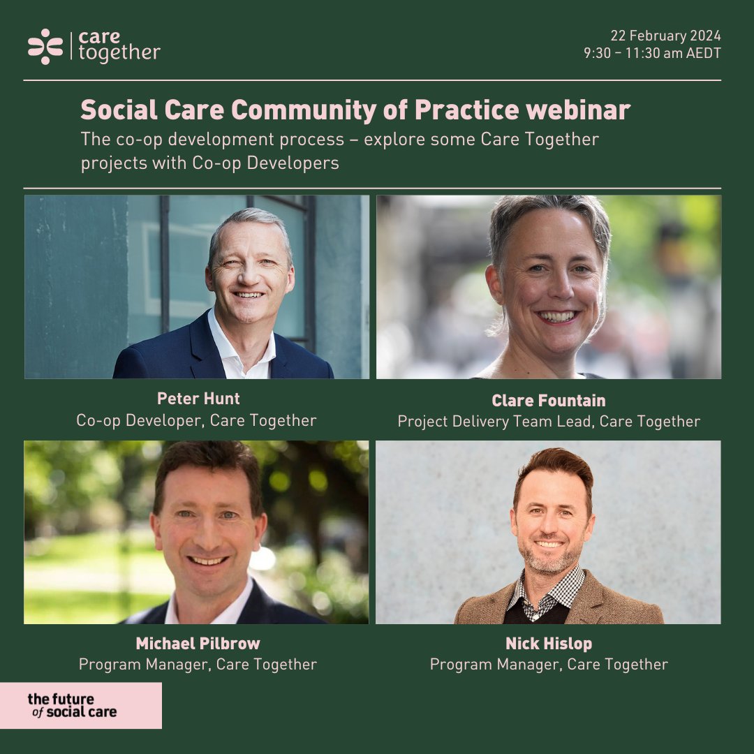 Explore the co-op development process and some of our Care Together projects. Join us for the Care Together Program’s Social Care Community of Practice meeting on Thursday, 22 February, from 9:30 – 11:30 am AEDT. Register online to attend. caretogether.coop/events-educati…