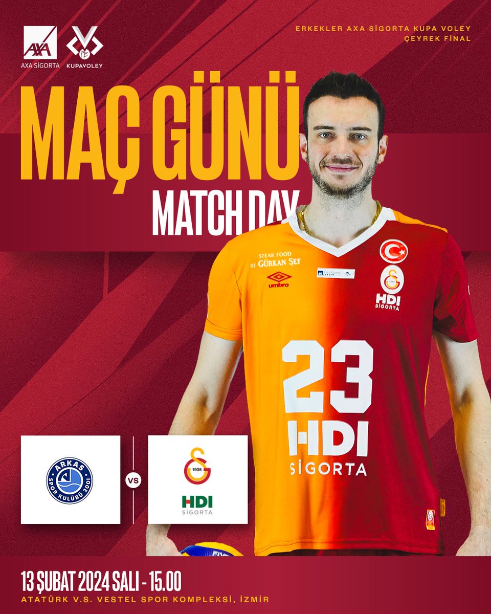 #MaçGünü | Arkas Spor - Galatasaray HDI Sigorta 

🏐 Erkekler AXA Sigorta Kupa Voley Çeyrek Final
📅 13.02.2024 
⏱ 15.00
📍 Atatürk V.S. Vestel Spor Kompleksi, İzmir
📺 TRT Spor