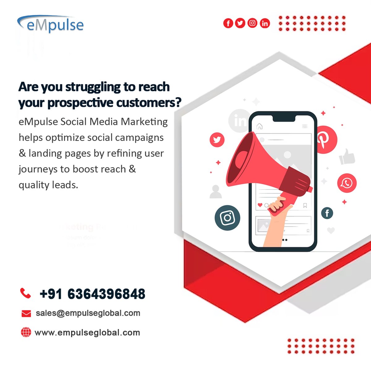 Are you struggling to reach your prospective customers? eMpulse Social Media Marketing helps optimize social campaigns & landing pages by refining user journeys to boost reach & quality leads. Visit: empulseglobal.com #empulseglobal #socialmediamarketing #socialcampaign