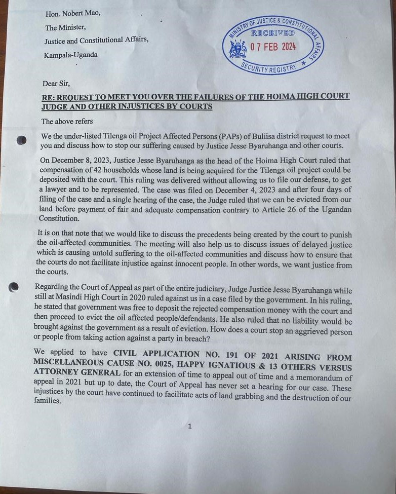 Last week, some of the 42 families that were sued by <a href="/MEMD_Uganda/">Ministry of Energy & Mineral Development</a> in December 2024 were joined by other households that have suffered court injustices. They wrote to <a href="/norbertmao/">Norbert Mao</a> &amp; others. The families want to engage in dialogue to promote important reforms in the judicial system.