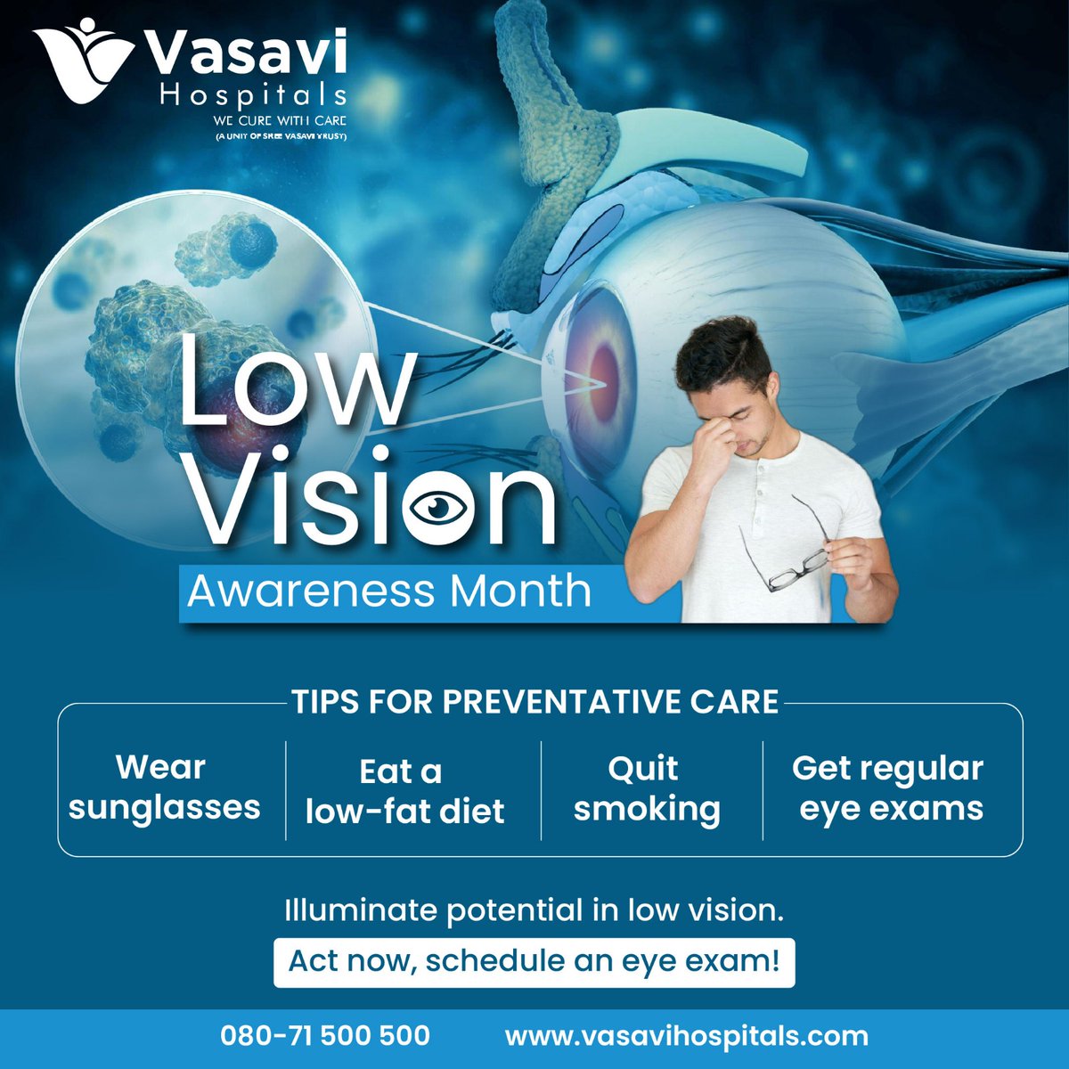Embrace clarity this Low Vision Awareness Month with Vasavi Hospitals! 
Schedule your eye exam at Vasavi Hospitals.   #LowVisionAwareness #EyeHealth #vasavihospitals   #VasaviHospitalsbangalore #VasaviHospital #Healthcarebangalore #MedicalExcellence  #MultiSpecialtyCare