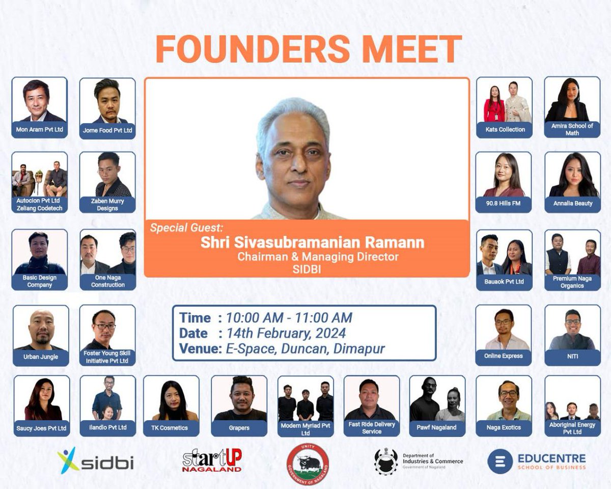 In light of fostering stronger bonds and facilitating collaborative opportunities, we are thrilled to announce the upcoming 'Founder's Meet' scheduled for February 14, 2024, at 10 am in the E-Space Conference Hall, Duncan.
@startupnagaland @industries_naga  @sidbiofficial