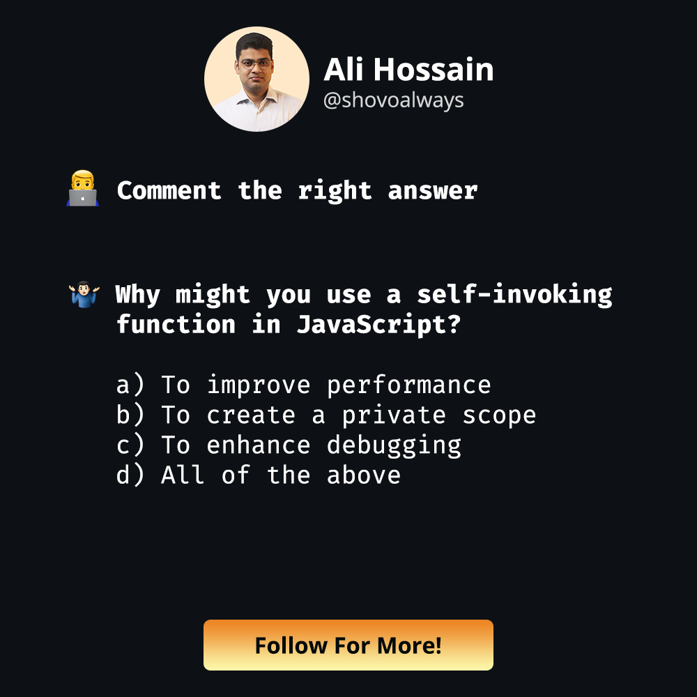 shovoalways's tweet image. 🧑‍💻 Comment the right answer
#javascript #procoder