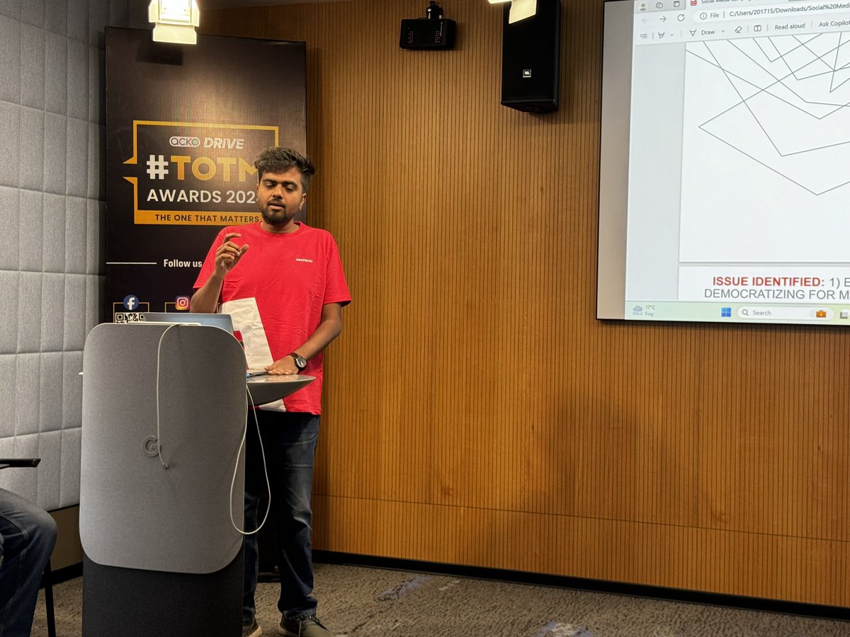 In-person presentations on in full swing. The first set of finalists are presenting for the TOTM in the Social Media and Digital Campaign category. We are at the Google India HQ for the finals. 
SVP 
#TOTM #AckoDriveAwards #CommsAwards