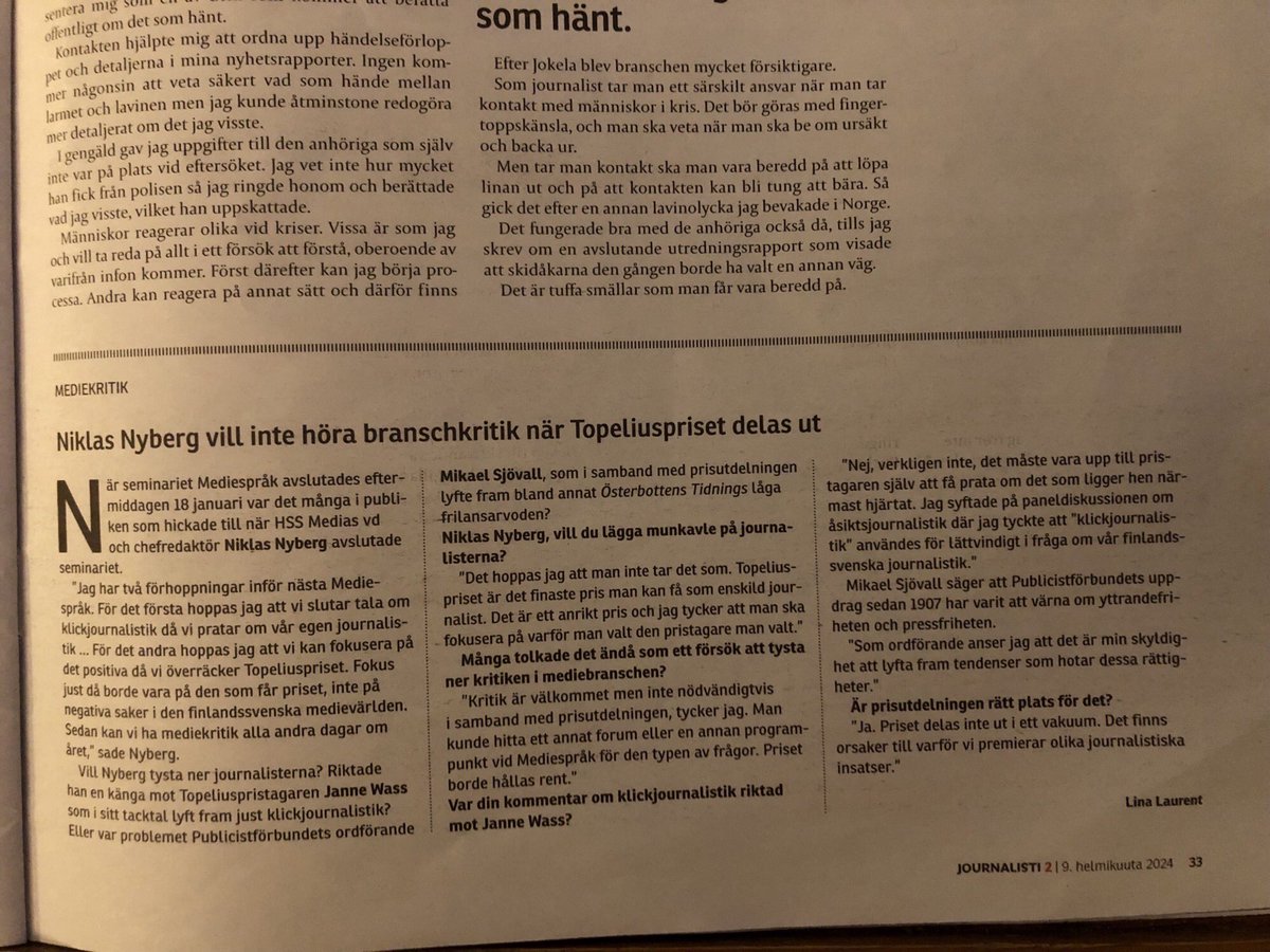 HSS Medias vd @NikIas_Nyberg vill inte höra mediekritik då Topeliuspriset överräcks. Om Mediespråk är fel forum enligt Nyberg så kan han säkert berätta här på X om HSS Media numera betalar arvoden som är i linje med Journalistförbundets rekommendationer. Vi är idel öra.