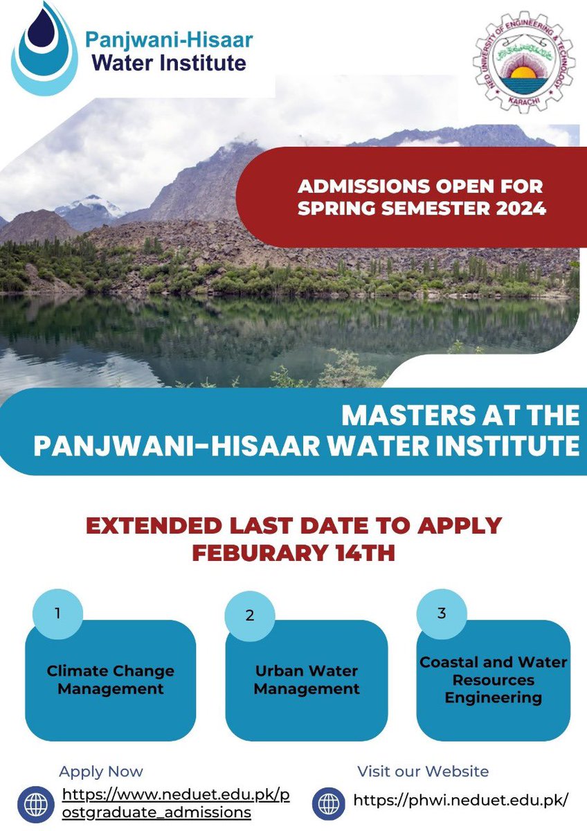 One day left to apply for a post graduate degree at the “Panjwani-Hisaar Water Institute".

Website: phwi.neduet.edu.pk

Facebook: facebook.com/profile.php?id…

YouTube: youtube.com/channel/UCfnPJ…