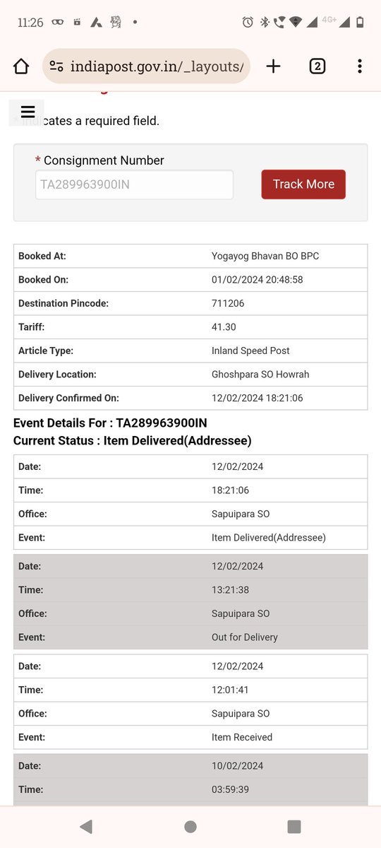 TarunDas86's tweet photo. @IndiaPostOffice still my article is not delivered but ur website reflects as deliver,article TA289963900IN
This kind of service is 
 pathetic that's d reason why so many private player r active in logistics nowadays @PMOIndia pl help https://t.co/ZdOFfc0wfF
