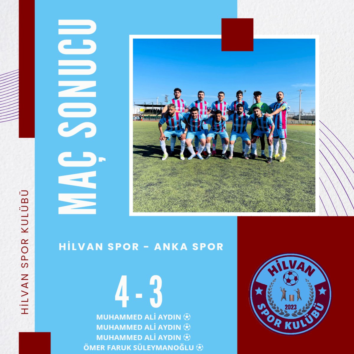 hilvansporsk's tweet photo. Maç Sonucu💪🔵🔴⚽🇹🇷

HİLVAN SPOR 4-3 ANKA SPOR 

⚽ Muhammed Ali Aydın 
⚽ Muhammed Ali Aydın 
⚽ Muhammed Ali Aydın 
⚽ Ömer Faruk Süleymanoğlu 
Emin adımlarla Yola devam ❤️💙 
Bizi destekleyen tüm taraftarlarımıza teşekkür ederiz 🙏🏻 https://t.co/LSJwt5bco3