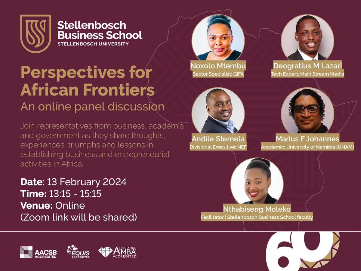 FDMinnaar's tweet image. Join us for anonline panel discussion hosted by SBS to delve into the vibrant prospects for African Frontiers, sharing valuable insights learned in the establishment of business and entrepreneurial activities across Africa. Let&apos;s grow Africa together.
#MBAPath #AfricaRising