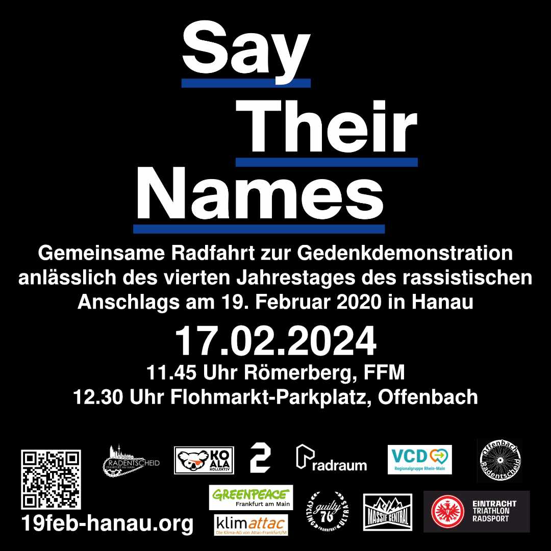 Es haben sich noch ganz viele Organisationen unserem Aufruf angeschlossen! Wir freuen uns, und hoffen, ihr kommt am Samstag alle nach #Hanau, egal wie. Aber halt auch gern mit dem Fahrrad, #RadelnGegenRassismus! #SayTheirNames! 🚴🚴🏼🚴🏽🚴🏽🚴🏿