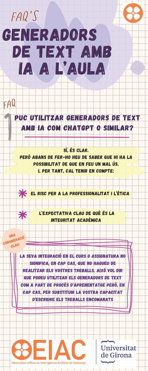 OEIAC_UdG's tweet photo. 📢 Sou docents i voleu evitar/mitigar l'anomenat #AIcheating entre els vostres alumnes en l'era del #ChatGPT❓
🗨 No és fàcil però us podem ajudar amb algunes FAQs, recomanacions i consideracions legals d'interès general per a qualsevol curs o classe 👉 https://t.co/NUFX6p1sq9 https://t.co/ExzI9CMgwM