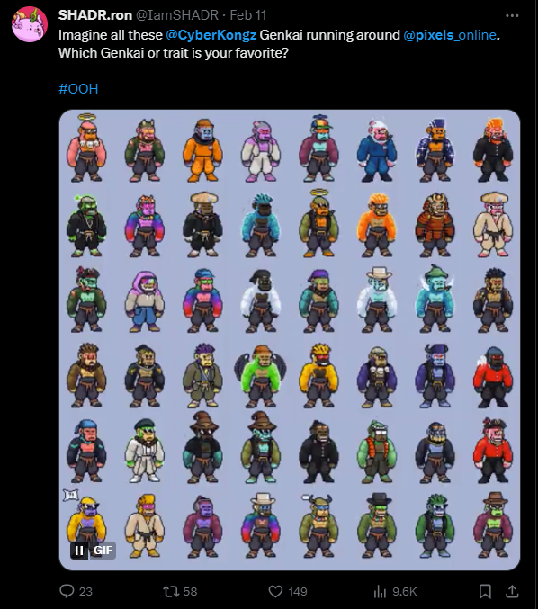 daryl24_eth's tweet photo. A New Level of Interoperability

Don't view the @pixels_online game as just a simple MMO farm simulation. 👇

Pixels have tooling that enables various projects to craft their own distinctive metaverse experiences on top of our technology for their communities.

✅Tokens
✅Land NFTs
✅Utility NFTs
✅PFP NFTs

Given the deep partnership between @MocaverseNFT and the Pixel Online game, I speculate they plan to introduce virtual land within Pixel Online, centered around Moca coins.

This virtual land will take the form of a planet, granting access to exclusive areas and activities in their world.

Additionally, there's a plan for the @CyberKongz    collection to integrate their IPs and PFPs into the Pixel world.

This move will further enrich the Pixel Online game's ecosystem by bringing in more unique characters and assets from the CyberKongz universe.

💫Pixel's integrated NFT collections are continuously growing, with many other NFT collections expressing interest in using Pixel as a utility within their projects. 

Our upcoming NFT PFP project, @AwakenHunterNFT  is also planning to integrate our IP into Pixels. This integration will enable our holders to use the PFP as their avatar and characters within the Pixels platform.

🐉The increasing popularity and adoption of Pixel as a platform for various NFT collections highlight its versatility and appeal in the NFT space.
