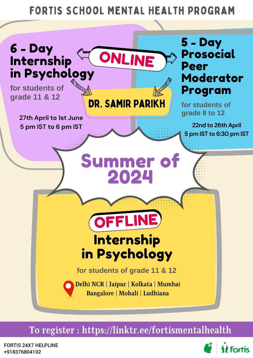 Fortis School Mental Health Program <a href="/fortis_hospital/">Fortis Healthcare</a> brings to you #Summerof2024!
Internships and Workshops - Learning and Fun! 

To register - linktr.ee/fortismentalhe…
 
#mindspace
