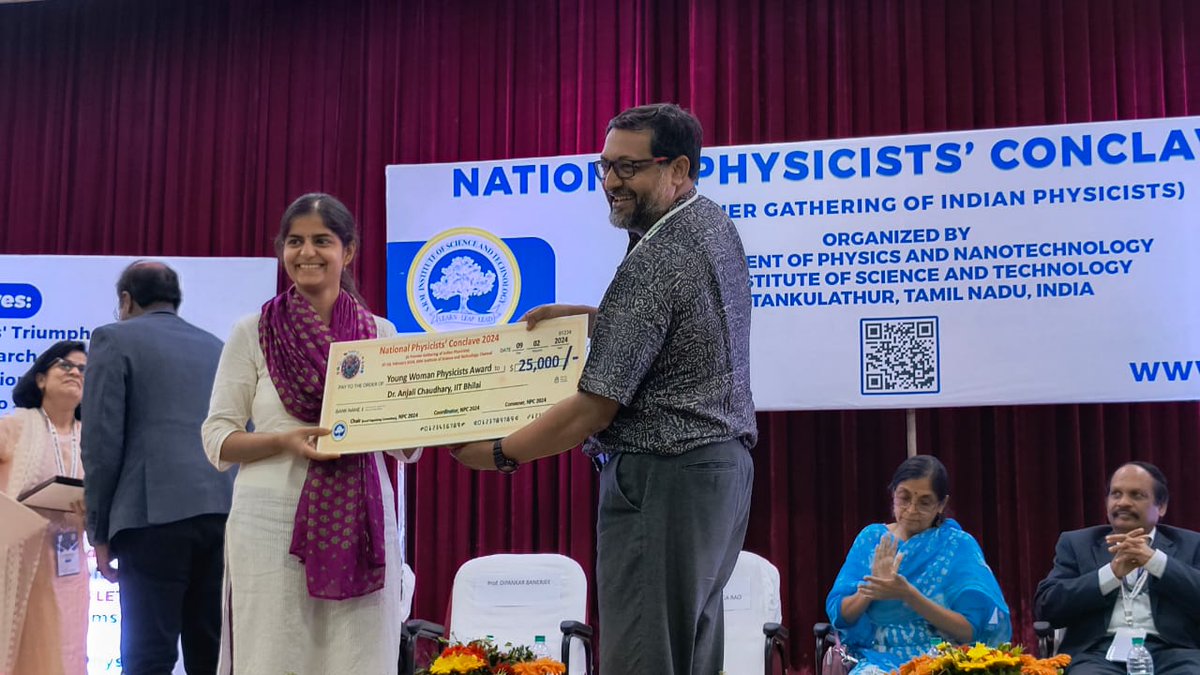 IIT_Bhilai's tweet photo. Dr. Anjali Chaudhary was awarded the IOP publishing-sponsored Young Woman Physicist Award at the National Physicists' Conclave 2024, organized by SRM University Chennai, on February 7–10. The award carries a cash prize, a memento, and a certificate. #IITBhilai @EduMinOfIndia #SRM https://t.co/IY6aIgm6JA