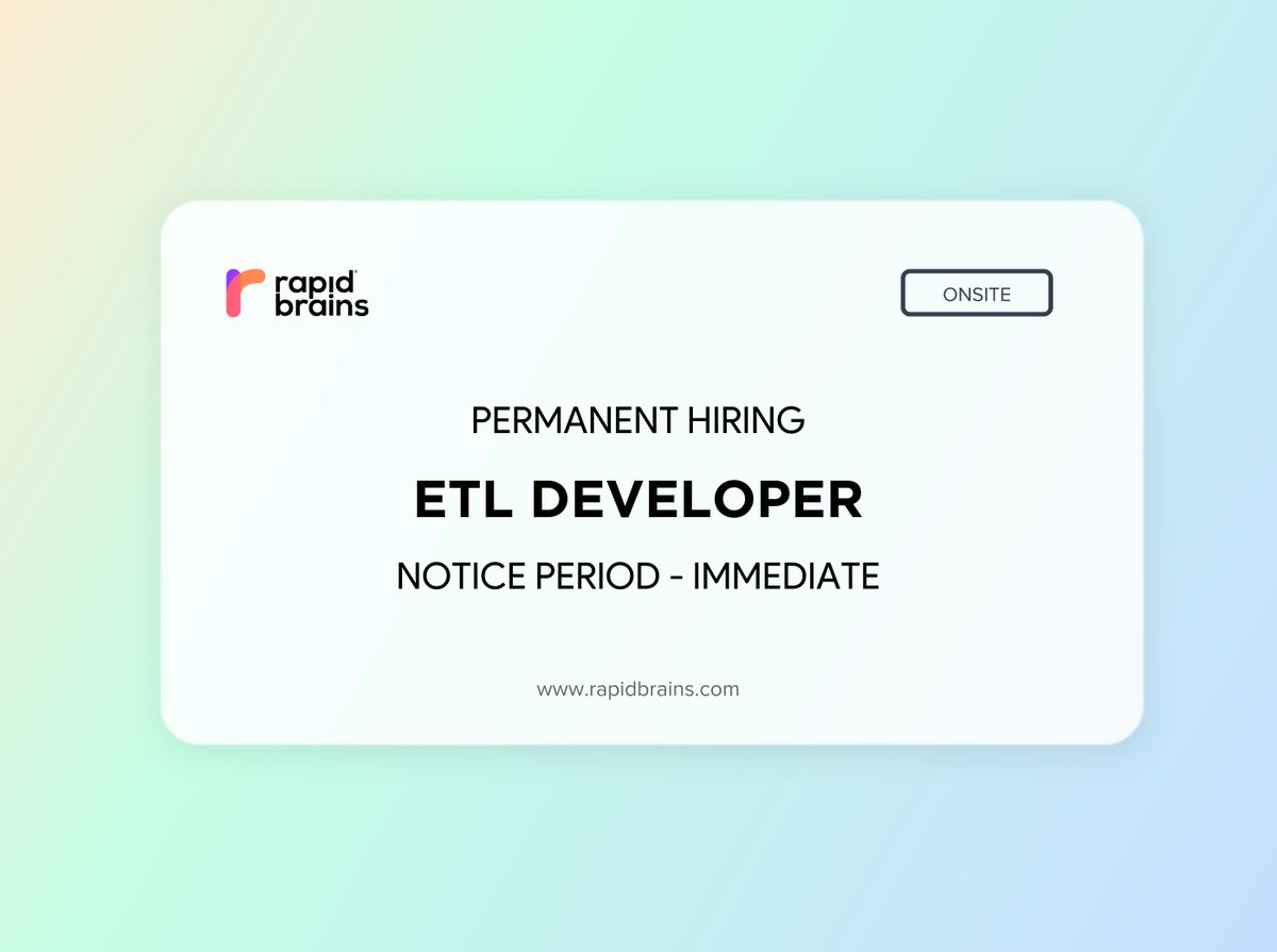 Apply here -lnkd.in/e9DTKtbj

RapidBrains is looking for permanent resources for the position of ETL Developer.

Join our LinkedIn group -lnkd.in/ghK66wSa

#PermanentJob #HiringPermanent #WorkOpportunity #FullTimeJob #JobOpening #NowHiring #ETLDeveloper #RapidBrains