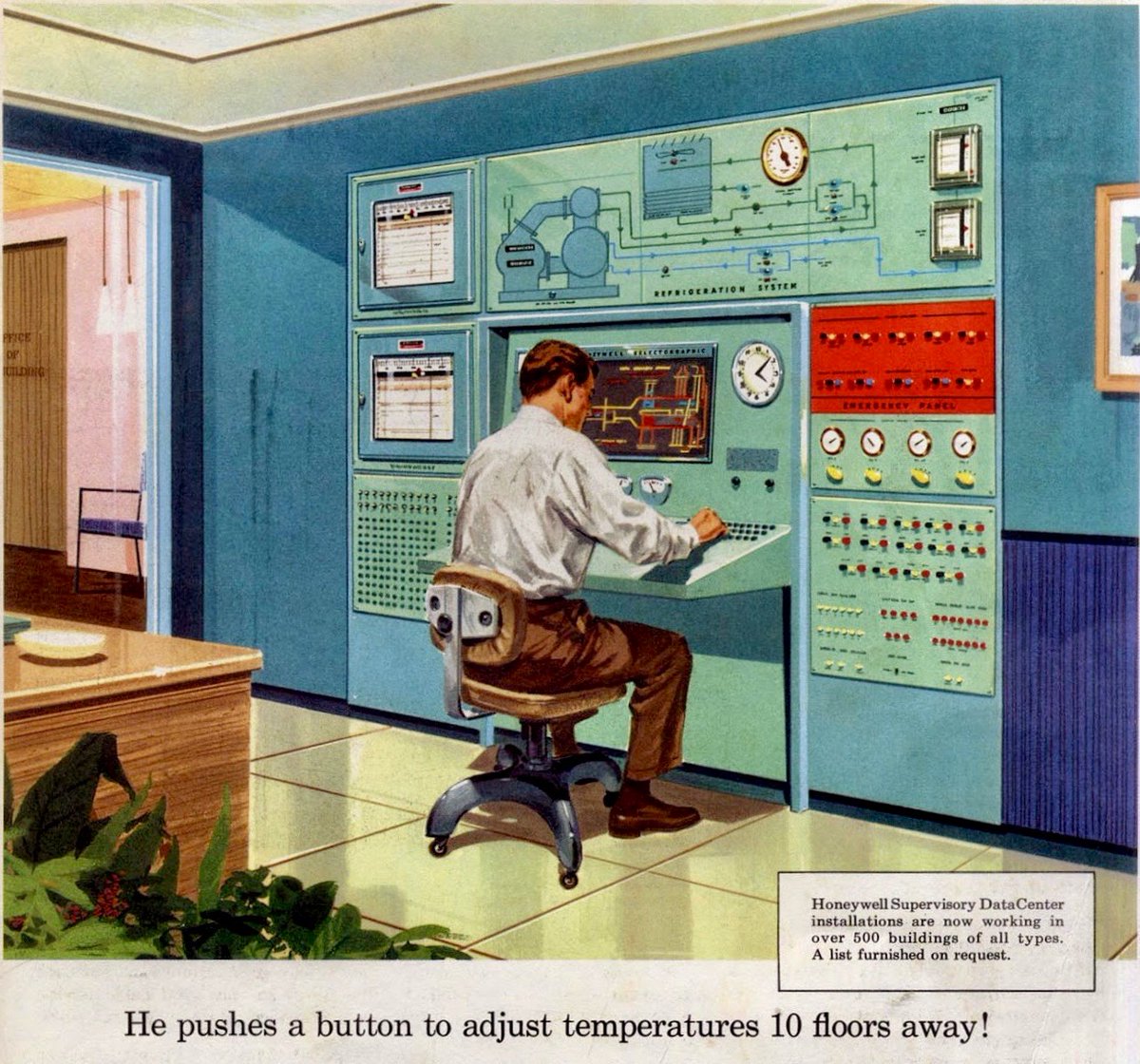 In #FEBRUARY 1959
🧵👇
‘He pushes a button to adjust temperatures 10 floors away!’
#illustration #illustrationart #systemcontrol #centralairconditioning #centralheating #climatecontrol