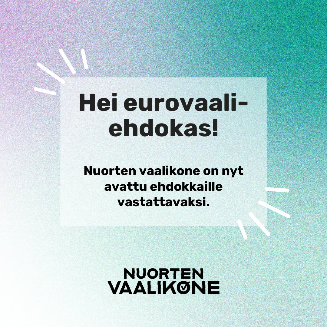 Eurovaaliehdokas, tervetuloa vastaamaan nuorille äänestäjille suunnattuun Nuorten vaalikoneeseen! Allianssi on lähettänyt kaikille puolueille linkin, jonka avulla ehdokkaat pääsevät kirjautumaan Nuorten vaalikoneeseen. Kysythän linkkiä suoraan omalta puolueeltasi!