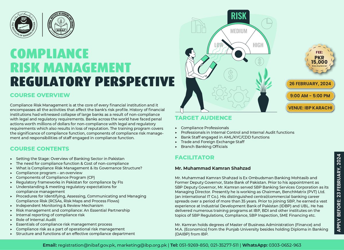 The Institute of Bankers Pakistan (@ibponline) on Twitter photo The IBP & NIBAF is announcing a training on "๐๐๐๐๐๐๐๐๐๐ ๐๐๐๐ ๐๐๐๐๐๐๐๐๐๐ ๐๐๐๐๐๐๐๐๐๐ ๐๐๐๐๐๐๐๐๐๐๐" as per the following details:-
Date/ Day: 26 FEBRUARY, 2024 (Monday)
Time & Duration: 9:00 am - 5:00 pm The IBP & NIBAF is announcing a training on "๐๐๐๐๐๐๐๐๐๐ ๐๐๐๐ ๐๐๐๐๐๐๐๐๐๐ ๐๐๐๐๐๐๐๐๐๐ ๐๐๐๐๐๐๐๐๐๐๐" as per the following details:-
Date/ Day: 26 FEBRUARY, 2024 (Monday)
Time & Duration: 9:00 am - 5:00 pm