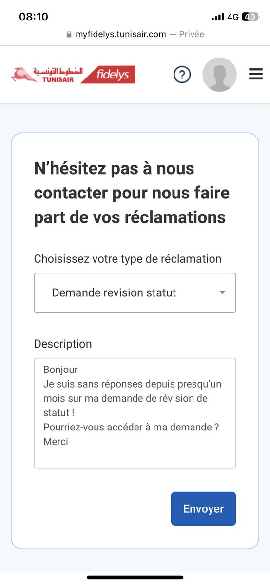 essoukri's tweet photo. @TunisairFrance quelqu’un peut me répondre svp ?

Bonjour
Je suis sans réponses depuis presqu’un mois sur ma demande de révision de statut !
Pourriez-vous accéder à ma demande ?
Merci https://t.co/mTGy5yxPM0