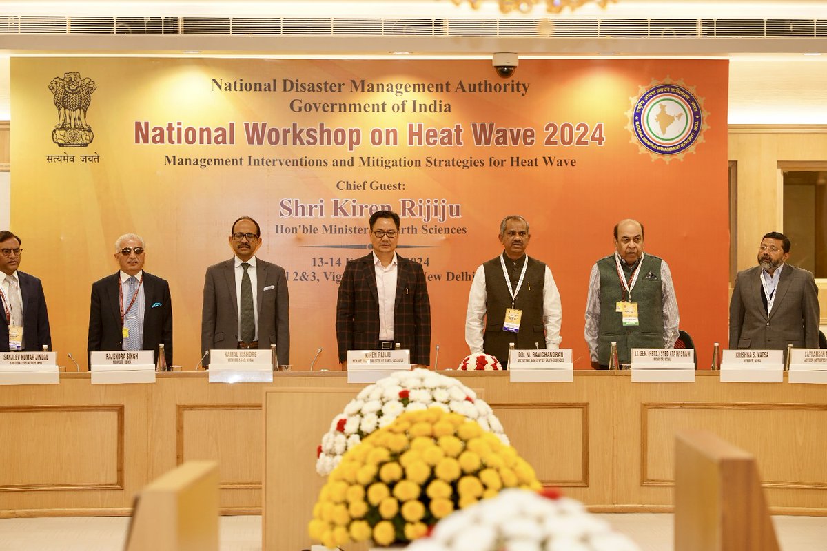 RijijuOffice's tweet photo. Hon'ble Union Minister of Earth Sciences Shri @KirenRijiju ji graced the inaugural session of the National Workshop on Heatwave 2024: Exploring Management Interventions and Mitigation Strategies held in New Delhi. Officials shared insights, exchanged ideas & devised effective strategies to safeguard communities from the adverse impacts of heatwaves, aiming to enhance preparedness, raise awareness & foster resilience in the face of rising temperatures.

@moesgoi @ndmaindia