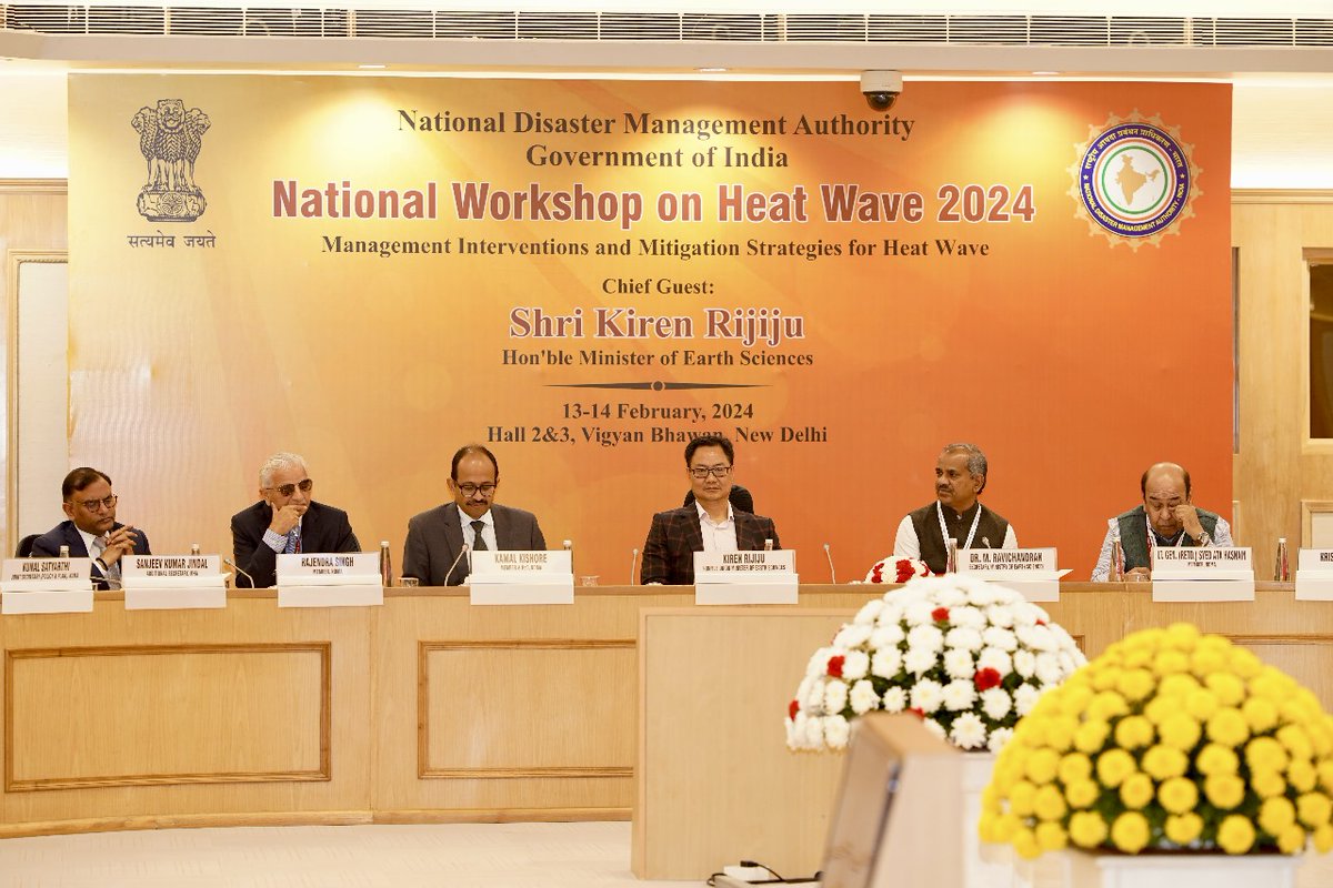 RijijuOffice's tweet photo. Hon'ble Union Minister of Earth Sciences Shri @KirenRijiju ji graced the inaugural session of the National Workshop on Heatwave 2024: Exploring Management Interventions and Mitigation Strategies held in New Delhi. Officials shared insights, exchanged ideas & devised effective strategies to safeguard communities from the adverse impacts of heatwaves, aiming to enhance preparedness, raise awareness & foster resilience in the face of rising temperatures.

@moesgoi @ndmaindia