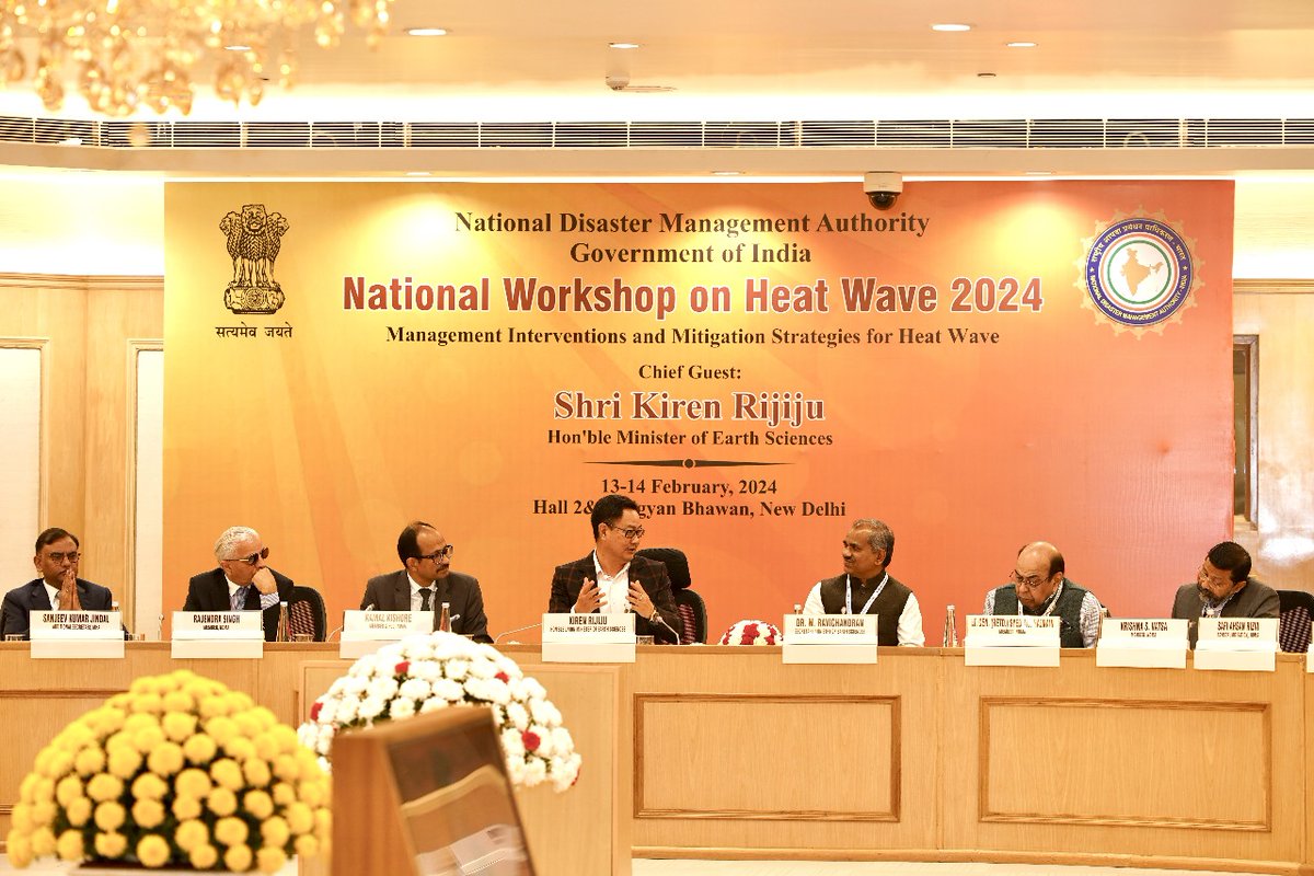 RijijuOffice's tweet photo. Hon'ble Union Minister of Earth Sciences Shri @KirenRijiju ji graced the inaugural session of the National Workshop on Heatwave 2024: Exploring Management Interventions and Mitigation Strategies held in New Delhi. Officials shared insights, exchanged ideas & devised effective strategies to safeguard communities from the adverse impacts of heatwaves, aiming to enhance preparedness, raise awareness & foster resilience in the face of rising temperatures.

@moesgoi @ndmaindia