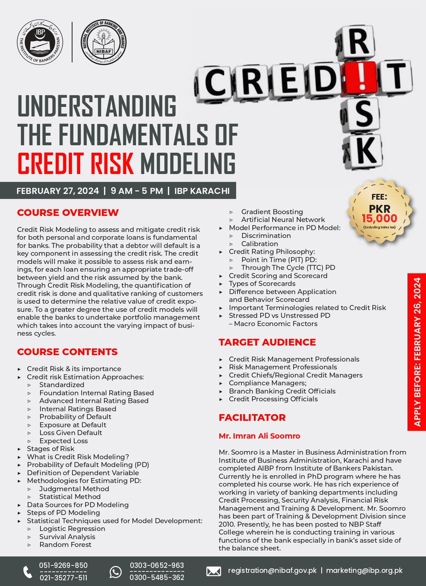 The Institute of Bankers Pakistan (@ibponline) on Twitter photo The IBP & NIBAF is announcing a training on "๐๐๐๐๐๐๐๐๐๐๐๐๐ ๐๐๐ ๐
๐๐๐๐๐๐๐๐๐๐๐ ๐๐
๐๐๐๐๐๐ ๐๐๐๐ ๐๐๐๐๐๐๐๐" as per the following details:-
Date/ Day: 27 FEBRUARY, 2024 (Tuesday)
Time & Duration: 9:00 am - 5:00 pm The IBP & NIBAF is announcing a training on "๐๐๐๐๐๐๐๐๐๐๐๐๐ ๐๐๐ ๐
๐๐๐๐๐๐๐๐๐๐๐ ๐๐
๐๐๐๐๐๐ ๐๐๐๐ ๐๐๐๐๐๐๐๐" as per the following details:-
Date/ Day: 27 FEBRUARY, 2024 (Tuesday)
Time & Duration: 9:00 am - 5:00 pm