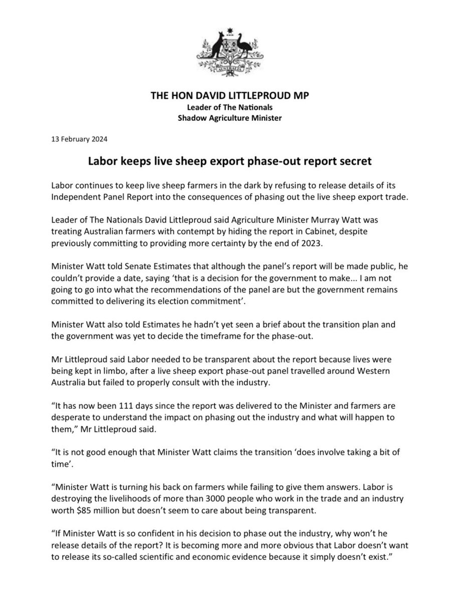 .@MurrayWatt continues to treat Australian farmers with contempt. Today in #estimates he’s refused to release the independent report into live sheep export and confirmed he has no idea when he’s going to end the trade.