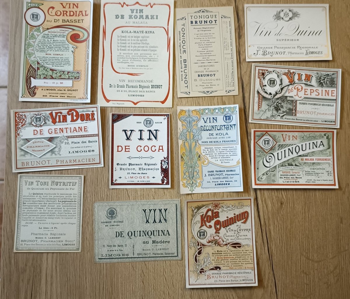 J'ai déniché un lot de plusieurs dizaines d'étiquettes issues d'une ancienne pharmacie de Limoges. La pharmacie Brunot, créée en 1897.
C'est l'occasion de découvrir une gamme assez large de vins médicaux, entretenue et complétée par ses successeurs au début du XXème siècle.