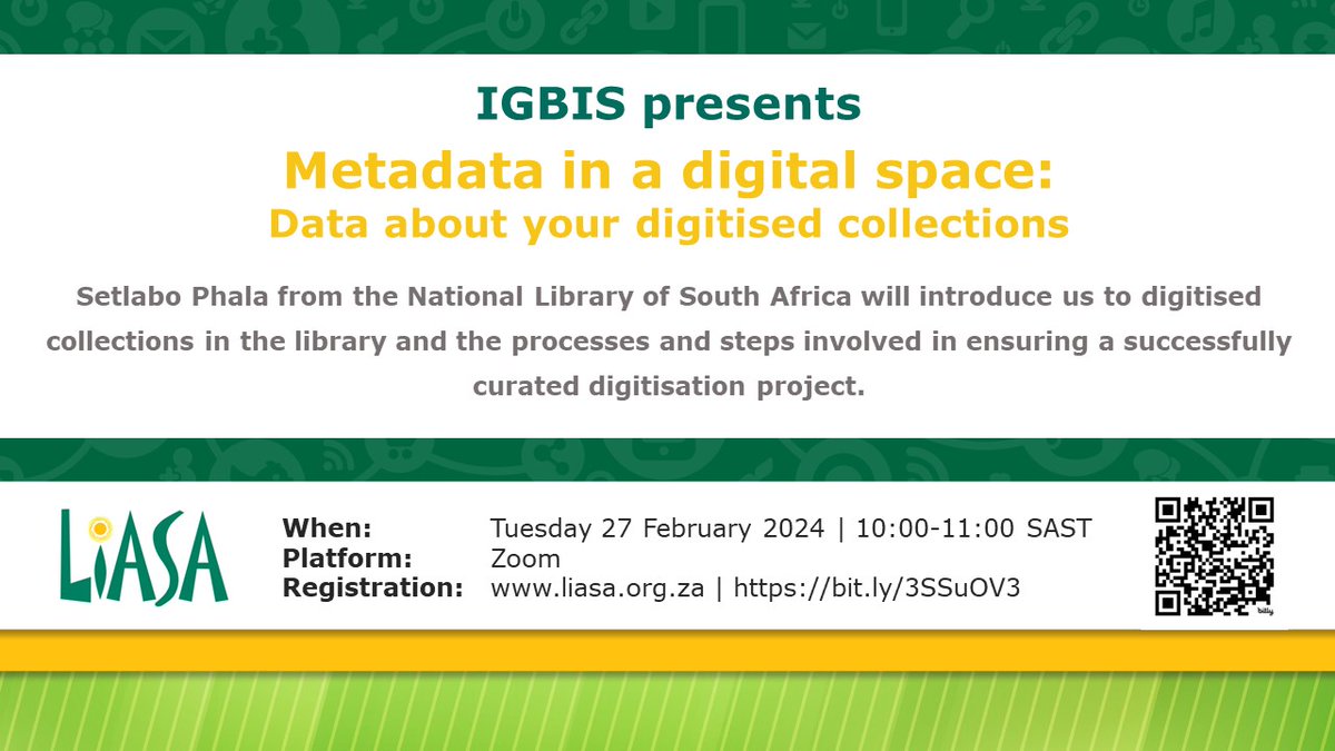 Our first webinar of the year! Join IGBIS and Setlabo Phala on 27 February as Setlabo tells us about creating a successful digitisation project in your library and why high quality metadata is essential #metadatamatters