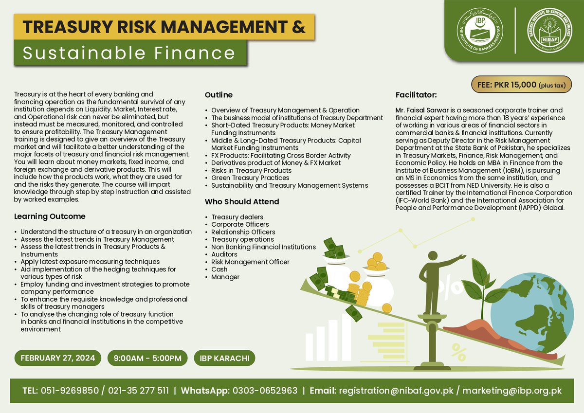 The Institute of Bankers Pakistan (@ibponline) on Twitter photo The IBP & NIBAF is announcing a training on "๐๐ซ๐๐๐ฌ๐ฎ๐ซ๐ฒ ๐๐ข๐ฌ๐ค ๐๐๐ง๐๐ ๐๐ฆ๐๐ง๐ญ & ๐๐ฎ๐ฌ๐ญ๐๐ข๐ง๐๐๐ฅ๐ ๐
๐ข๐ง๐๐ง๐๐" as per the following details:-
Date/ Day: 27 FEBRUARY, 2024 (Tuesday)
Time & Duration: 9:00 am - 5:00 pm The IBP & NIBAF is announcing a training on "๐๐ซ๐๐๐ฌ๐ฎ๐ซ๐ฒ ๐๐ข๐ฌ๐ค ๐๐๐ง๐๐ ๐๐ฆ๐๐ง๐ญ & ๐๐ฎ๐ฌ๐ญ๐๐ข๐ง๐๐๐ฅ๐ ๐
๐ข๐ง๐๐ง๐๐" as per the following details:-
Date/ Day: 27 FEBRUARY, 2024 (Tuesday)
Time & Duration: 9:00 am - 5:00 pm