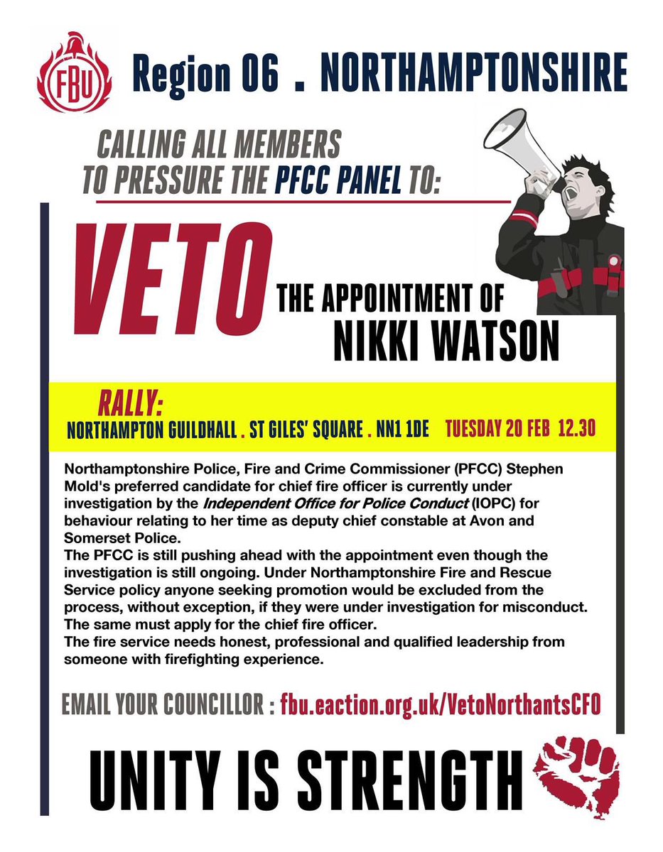 🚨 📣 📣

Calling @NorthantsFBU members 

The @NorthantsOPFCC panel needs to tell Stephen Mold that there will be no police takeover of @northantsfire & any appointment of CFO should be a credible one. 

Mold is again failing firefighters & the public. 

#StopTheRotRemoveTheMold