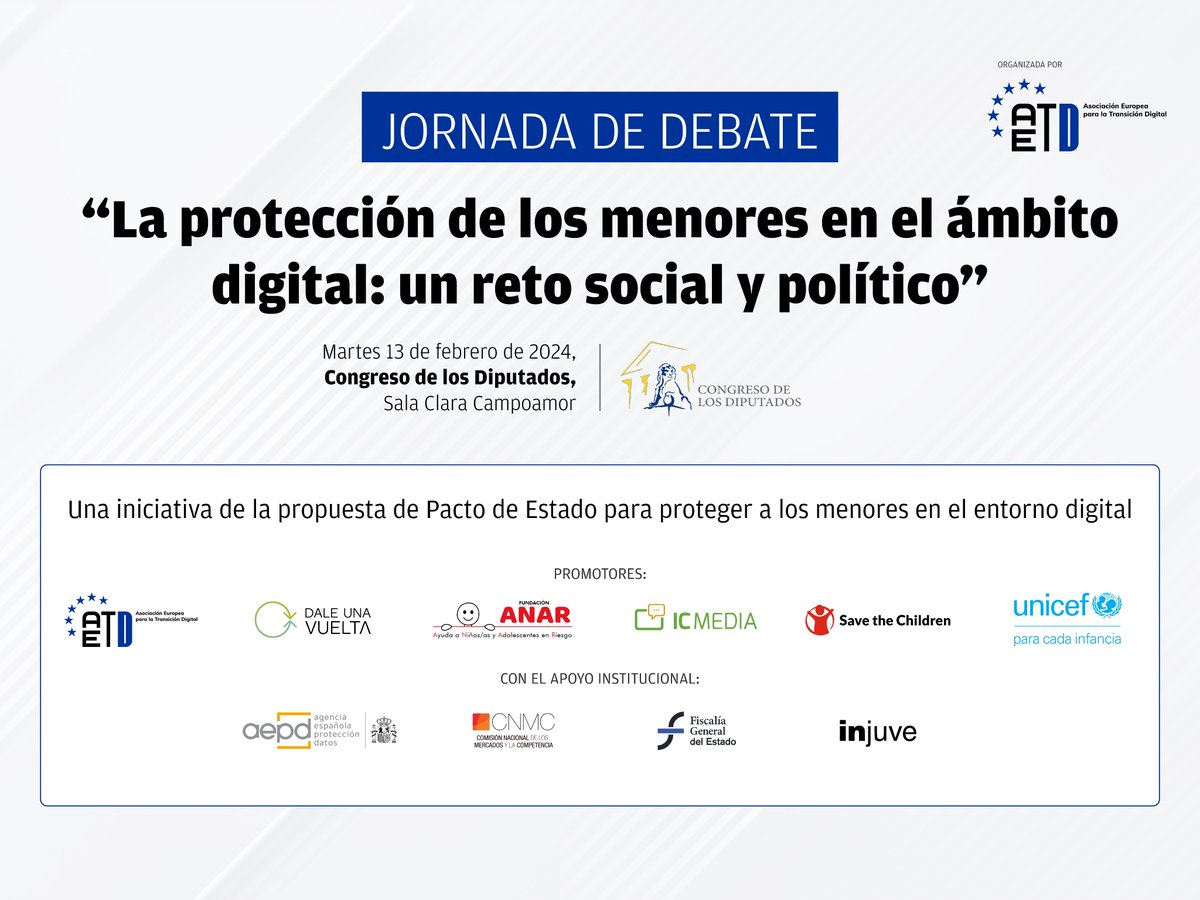 Hoy a las 9:30 en la Sala Clara Campoamor del <a href="/Congreso_Es/">Congreso</a> tendrá lugar la jornada “La protección de los menores en el ámbito digital: un reto social y político” 
🔴Síguela online: app.congreso.es/AudiovisualCon… 
#pactomenoresdigitales