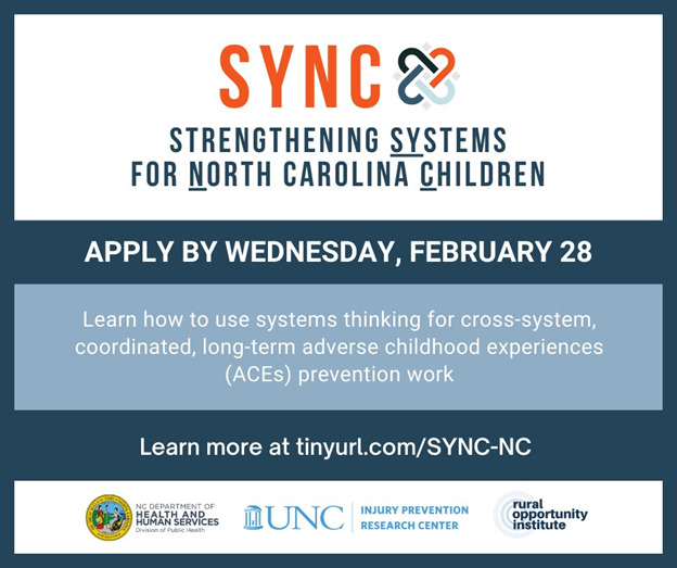Application for Strengthening Systems for NC Children (SYNC) closes Feb 28 at 5pm. SYNC is a no-cost opportunity for NC communities interested in using systems thinking to prevent adverse childhood experiences (ACEs) in their community. Learn more: tinyurl.com/sync-nc