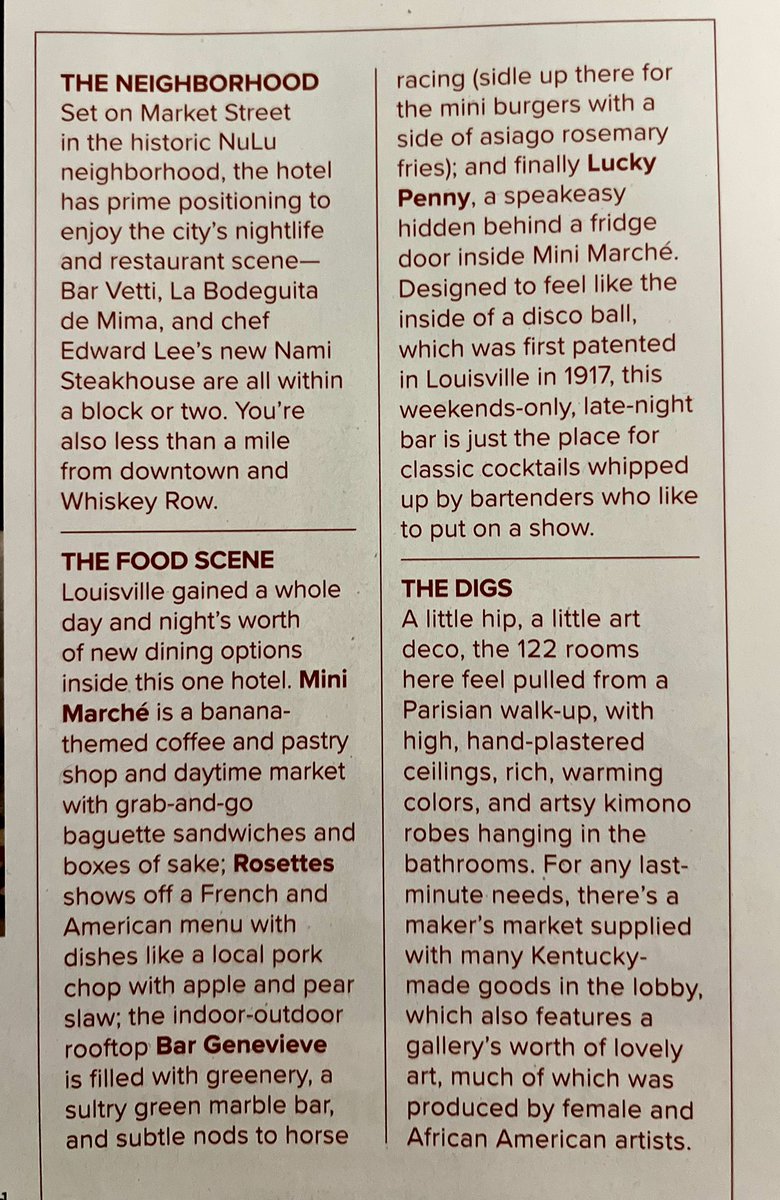 JohnFischer22's tweet photo. PALATE: “Louisville gained a whole new day and night’s worth of dining options inside this one hotel.” Page 145 !#palatemagazine #HotelGenevieve #Rosettes #Nulu #Louisville #Kentucky #Hotel #Hospitality #MountainAndShore #FISCHERSRealEstateBrokerageAndBettermentHaus https://t.co/O6DlmHAyBj